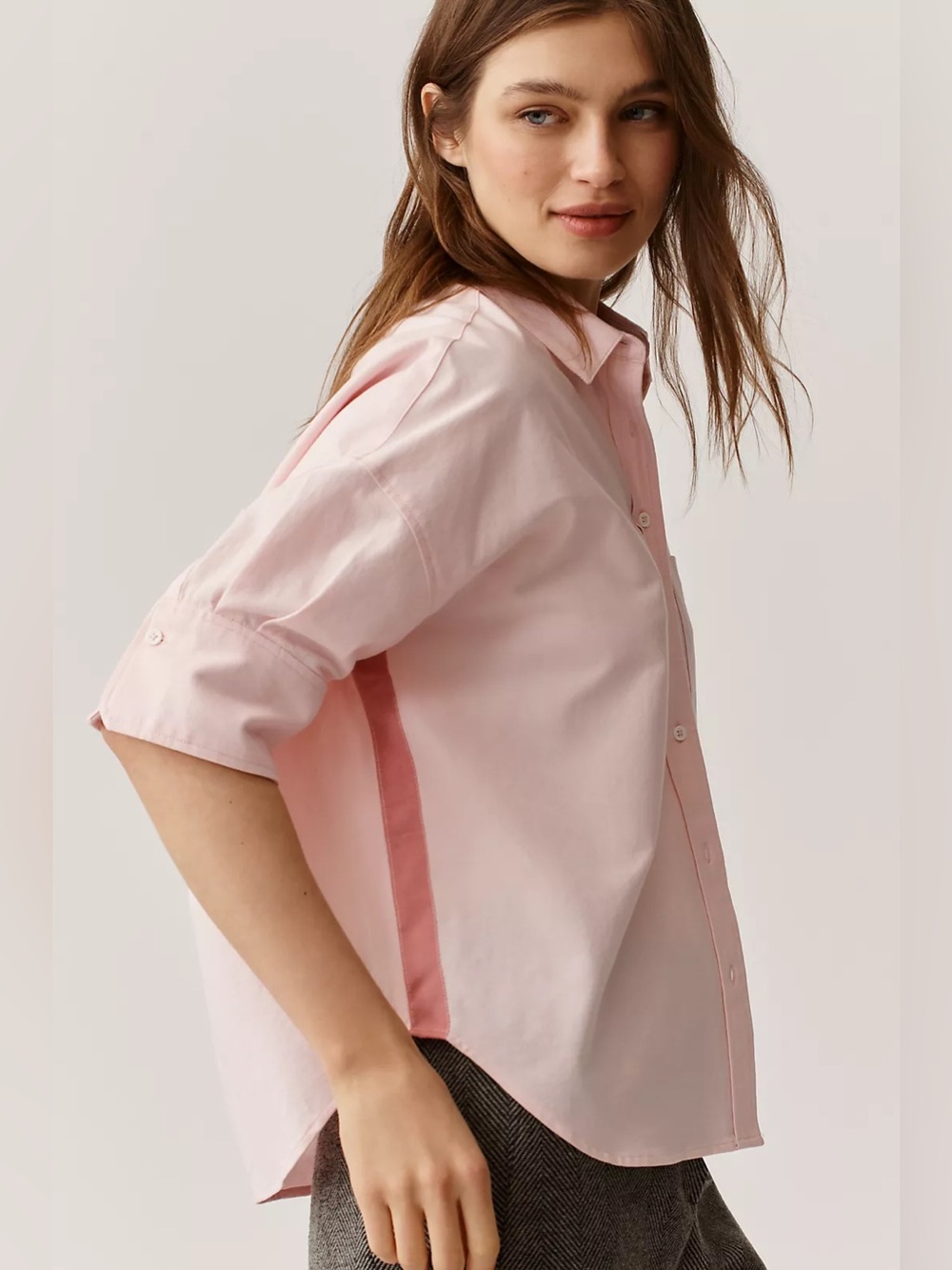 Maeve Boxy OxFord Light Pink Oversized Button-Up Shirt - Picture 2 of 8